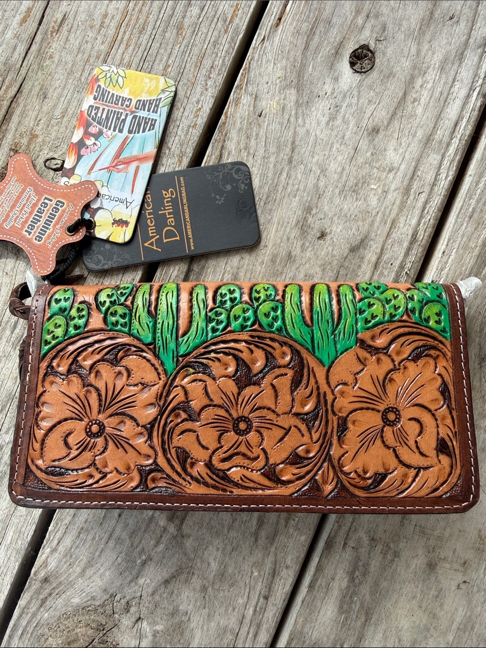 American Darling Brown Tooled Leather Wallet with Hand-Painted Green Accents